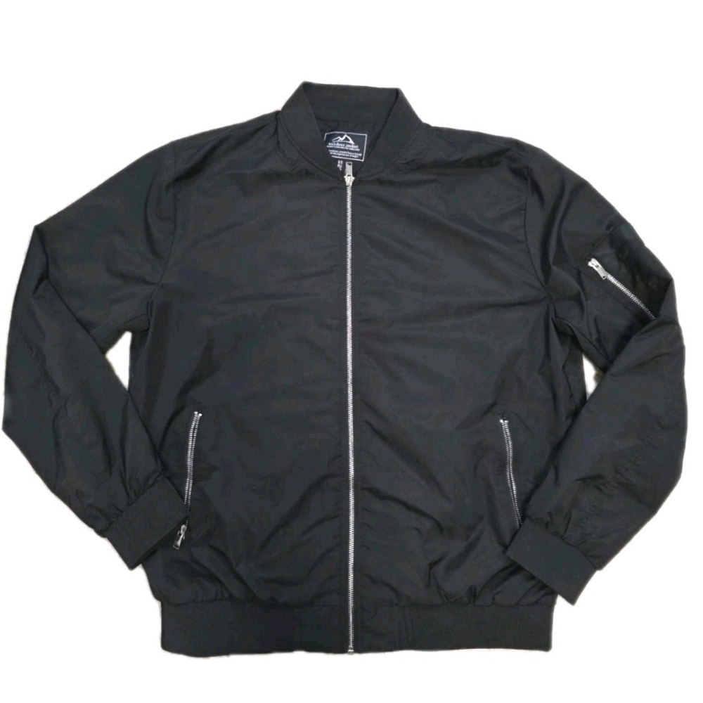 Mens Bomber Jacket Black Size Large Lightweight Water Resistant Zippered Grunge